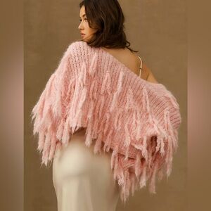 NWT By Anthropologie Knit Fringe Cardigan Sweater In Pink Rose One Size